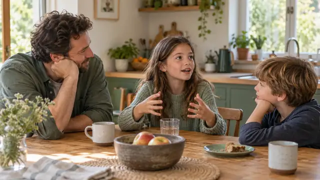 Un parent et deux enfants échangent autour d’une table de cuisine.